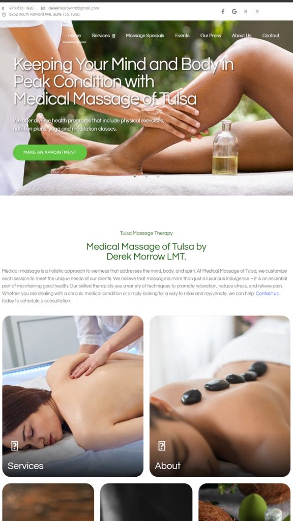 Screenshot of the Medical of Massage website design of Derek Morrow LMT screenshot