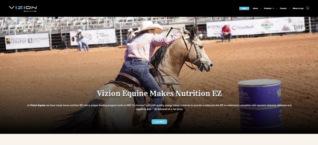 vizion equine screenshot of the home page featuring out horse website design
